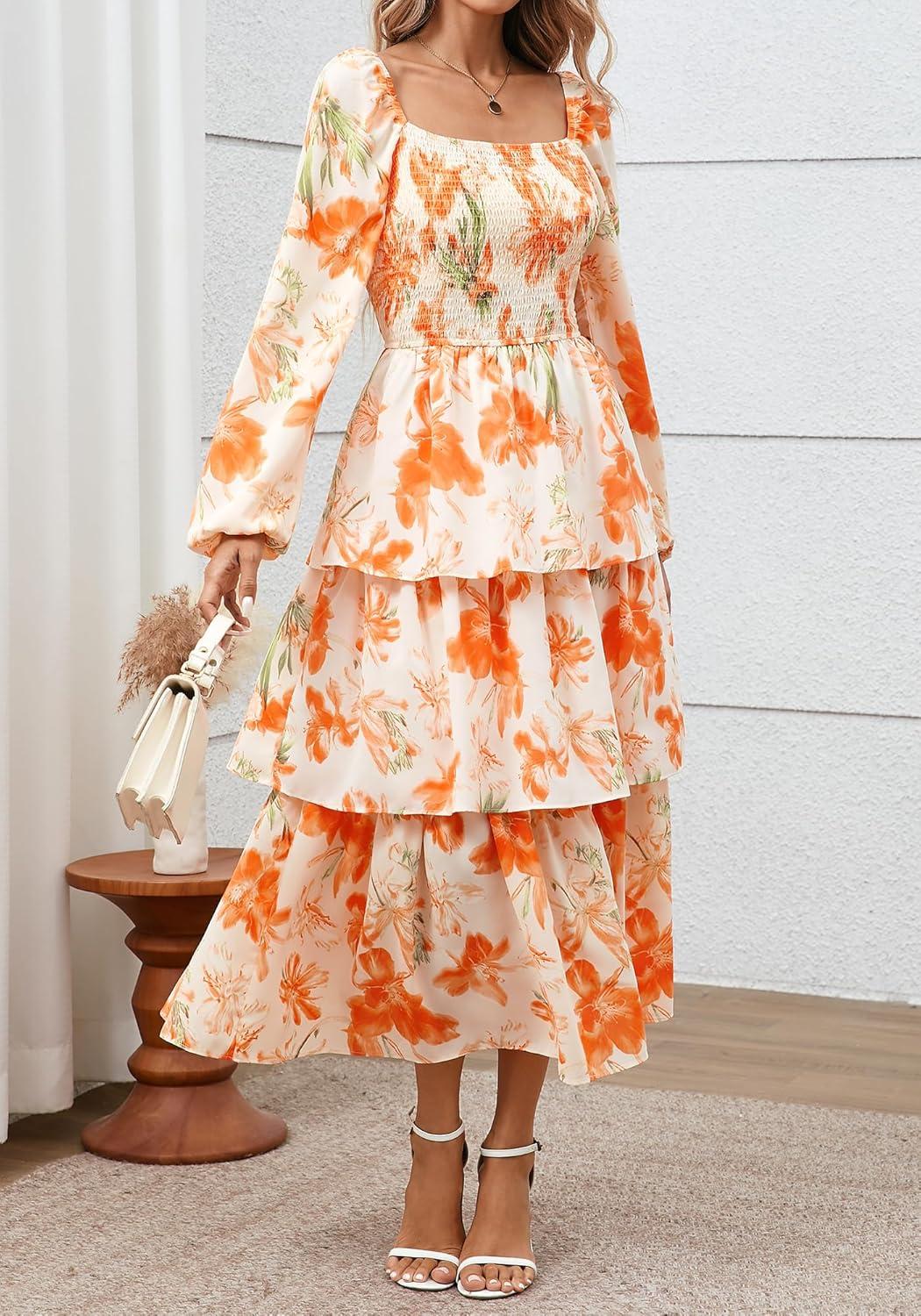 imageBTFBM Fall Dresses for Women 2025 Floral Long Sleeve Smocked Square Neck Casual Ruffle Tiered Flowy Wedding Guest DressFloral Apricot Orange