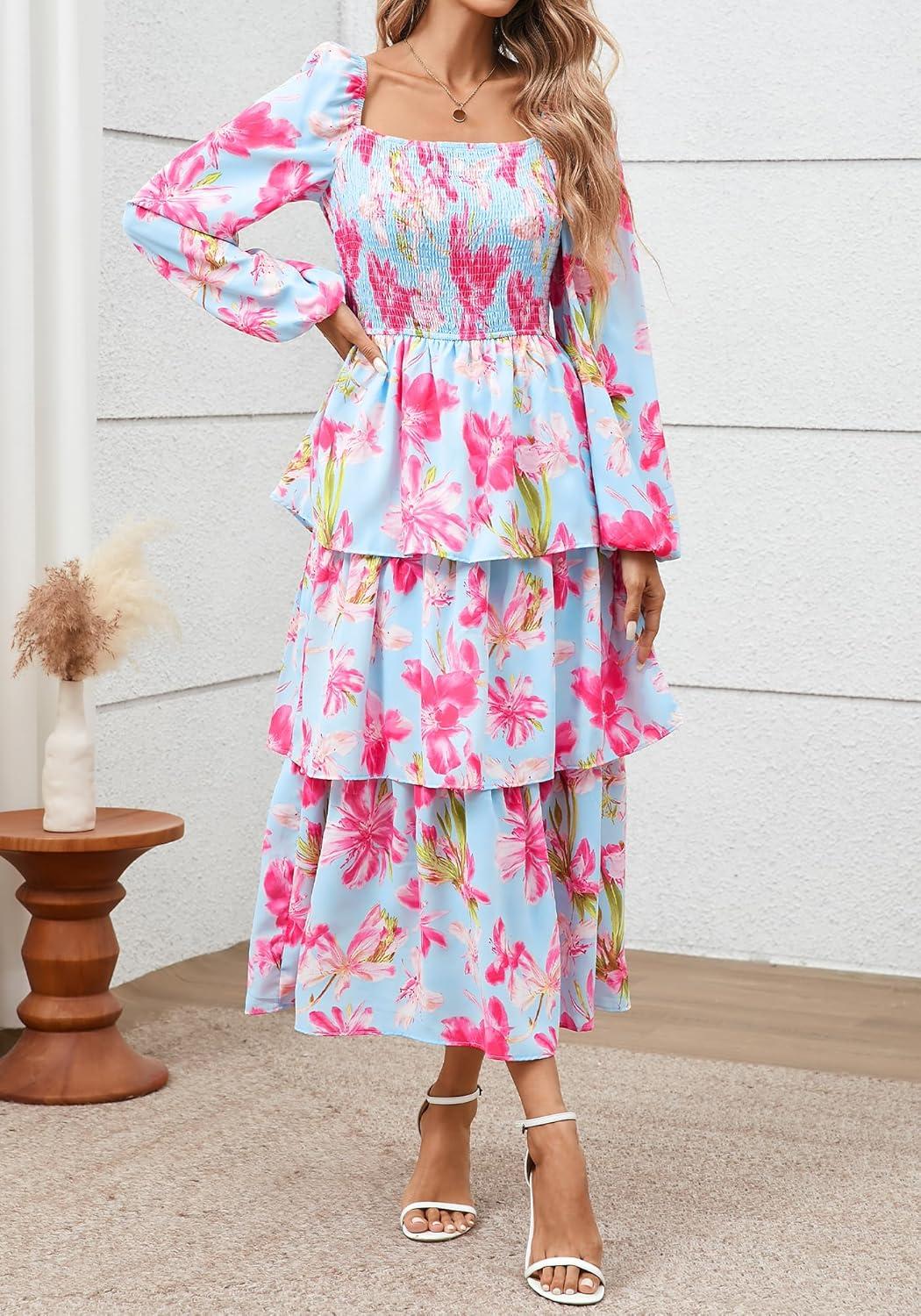 imageBTFBM Fall Dresses for Women 2025 Floral Long Sleeve Smocked Square Neck Casual Ruffle Tiered Flowy Wedding Guest DressFloral Light Blue Pink