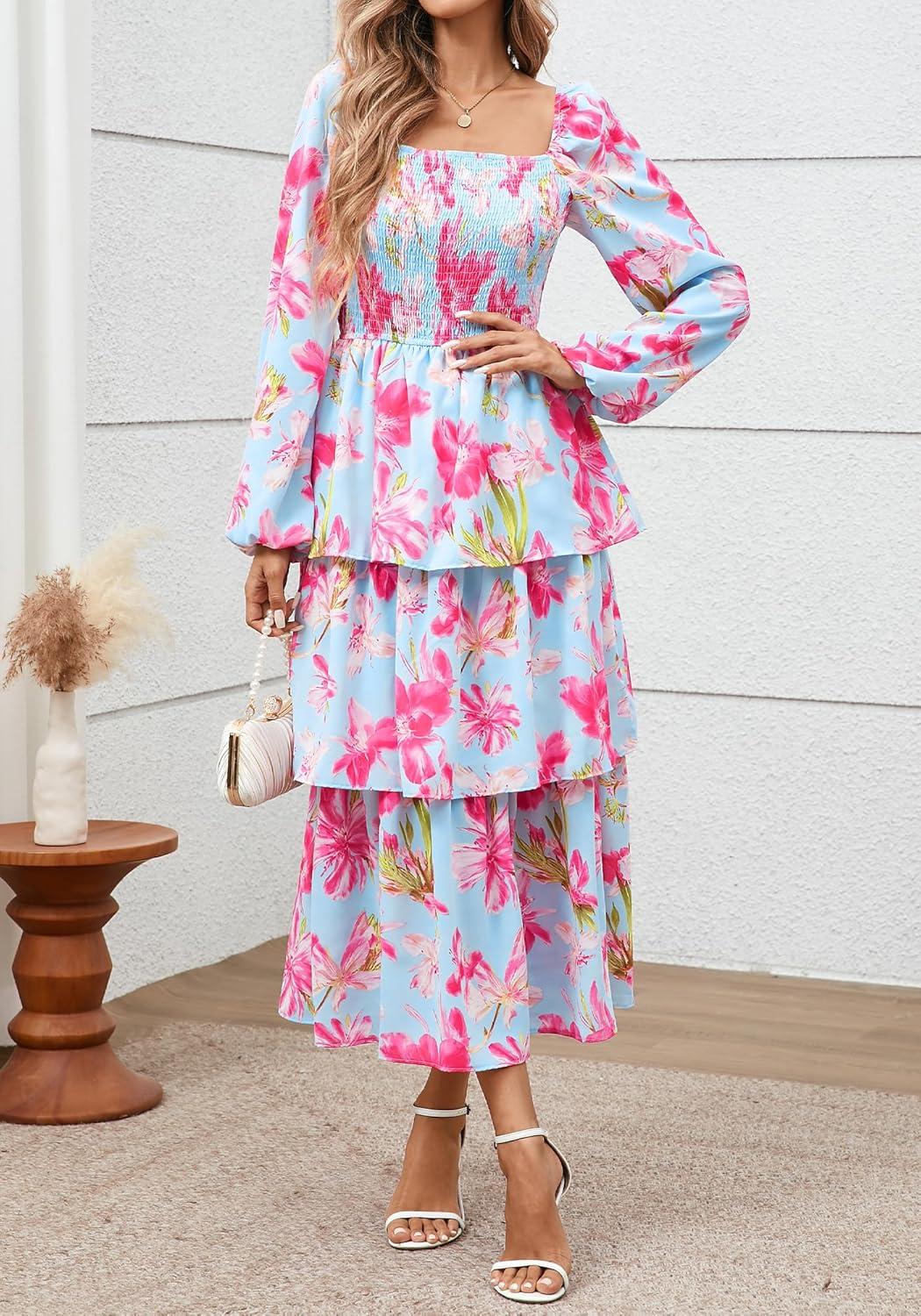 imageBTFBM Fall Dresses for Women 2025 Floral Long Sleeve Smocked Square Neck Casual Ruffle Tiered Flowy Wedding Guest DressFloral Light Blue Pink