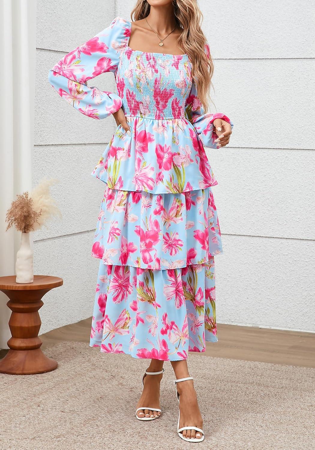 imageBTFBM Fall Dresses for Women 2025 Floral Long Sleeve Smocked Square Neck Casual Ruffle Tiered Flowy Wedding Guest DressFloral Light Blue Pink