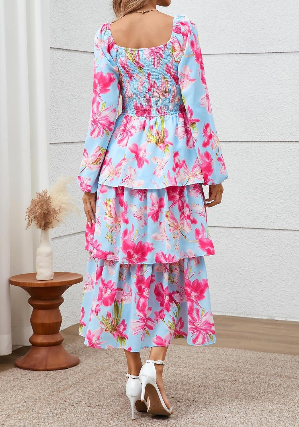 imageBTFBM Fall Dresses for Women 2025 Floral Long Sleeve Smocked Square Neck Casual Ruffle Tiered Flowy Wedding Guest DressFloral Light Blue Pink