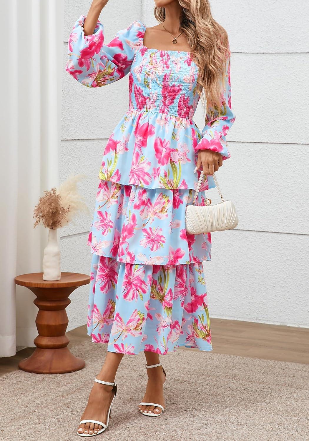 imageBTFBM Fall Dresses for Women 2025 Floral Long Sleeve Smocked Square Neck Casual Ruffle Tiered Flowy Wedding Guest DressFloral Light Blue Pink