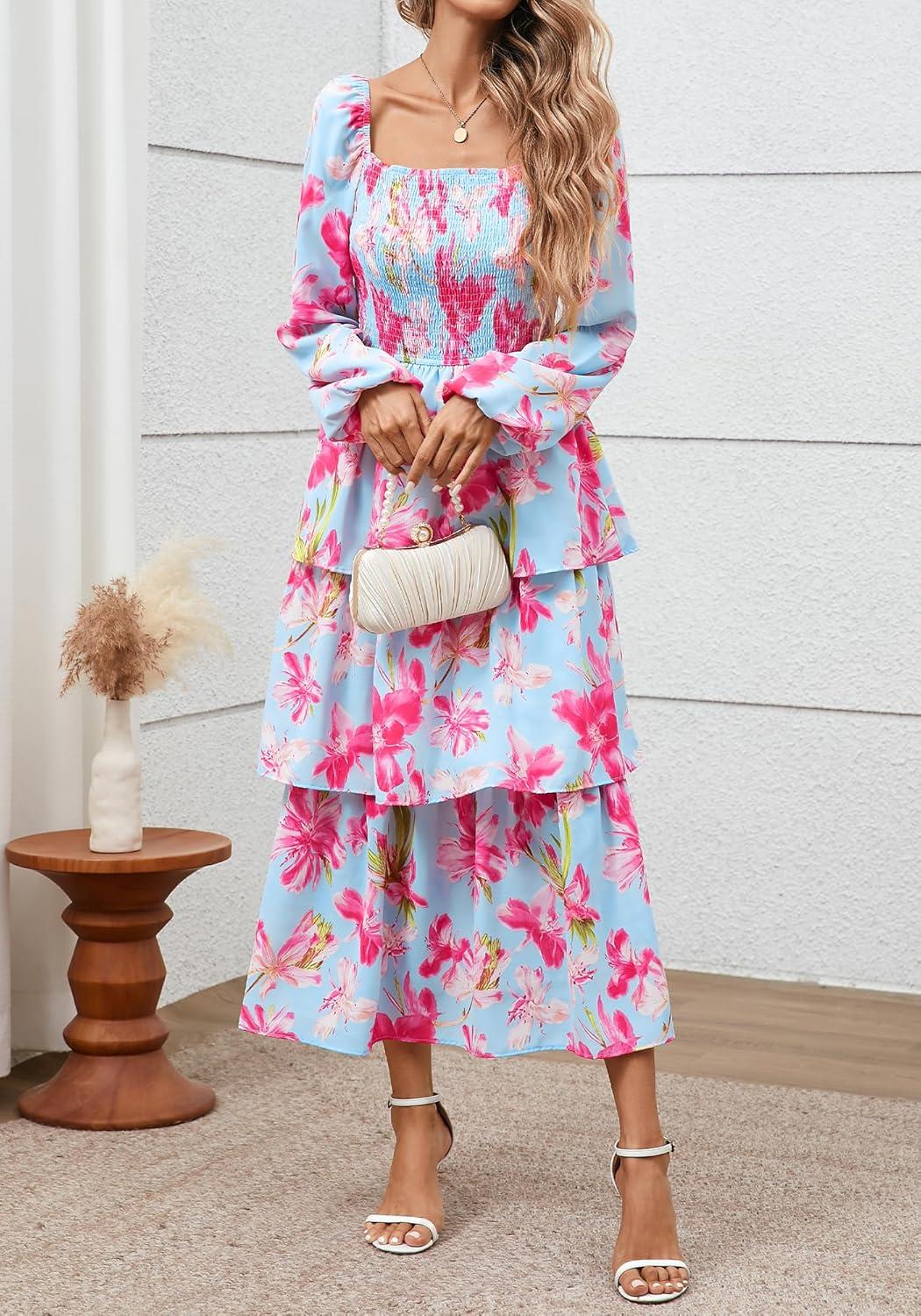 imageBTFBM Fall Dresses for Women 2025 Floral Long Sleeve Smocked Square Neck Casual Ruffle Tiered Flowy Wedding Guest DressFloral Light Blue Pink