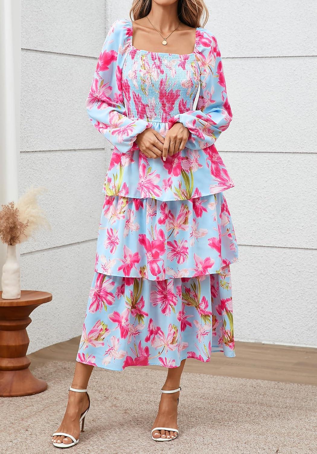 imageBTFBM Fall Dresses for Women 2025 Floral Long Sleeve Smocked Square Neck Casual Ruffle Tiered Flowy Wedding Guest DressFloral Light Blue Pink