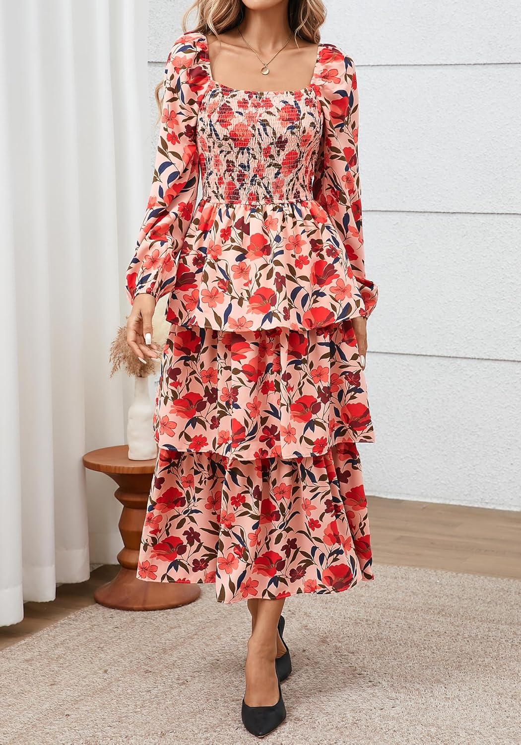 imageBTFBM Fall Dresses for Women 2025 Floral Long Sleeve Smocked Square Neck Casual Ruffle Tiered Flowy Wedding Guest DressFloral Orange Pink Red