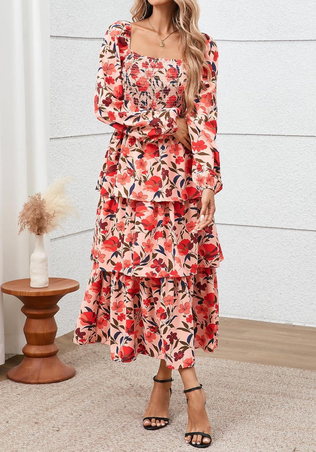 imageBTFBM Fall Dresses for Women 2025 Floral Long Sleeve Smocked Square Neck Casual Ruffle Tiered Flowy Wedding Guest DressFloral Orange Pink Red