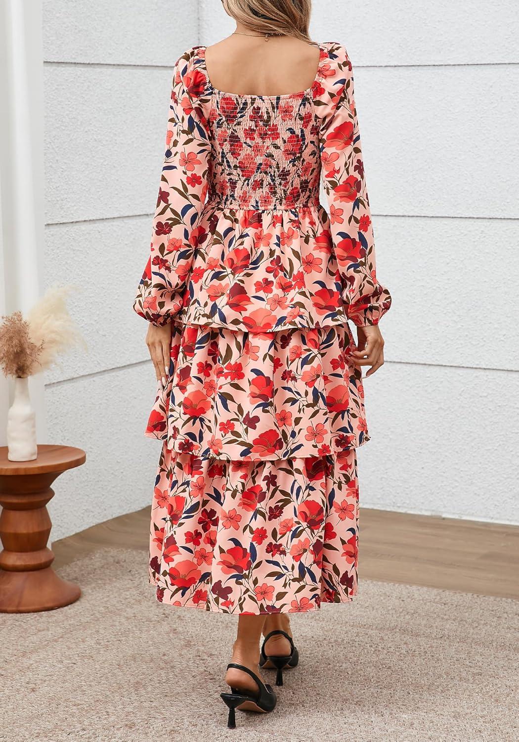 imageBTFBM Fall Dresses for Women 2025 Floral Long Sleeve Smocked Square Neck Casual Ruffle Tiered Flowy Wedding Guest DressFloral Orange Pink Red