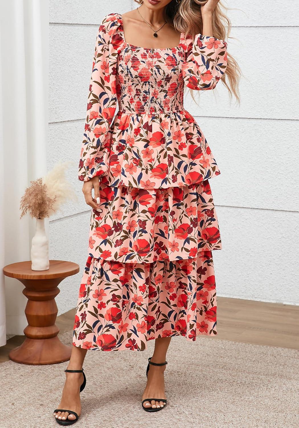 imageBTFBM Fall Dresses for Women 2025 Floral Long Sleeve Smocked Square Neck Casual Ruffle Tiered Flowy Wedding Guest DressFloral Orange Pink Red
