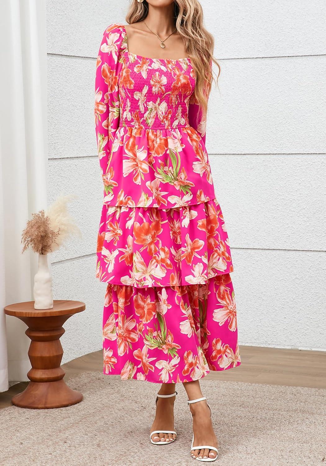 imageBTFBM Fall Dresses for Women 2025 Floral Long Sleeve Smocked Square Neck Casual Ruffle Tiered Flowy Wedding Guest DressFloral Rose Red Red