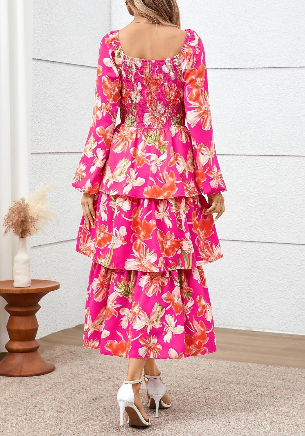 imageBTFBM Fall Dresses for Women 2025 Floral Long Sleeve Smocked Square Neck Casual Ruffle Tiered Flowy Wedding Guest DressFloral Rose Red Red