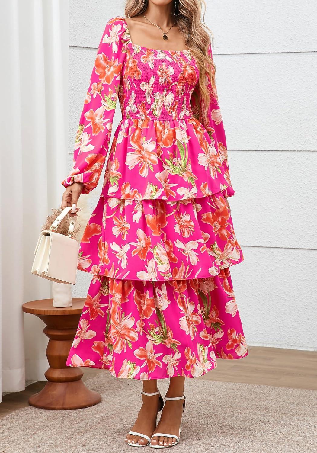 imageBTFBM Fall Dresses for Women 2025 Floral Long Sleeve Smocked Square Neck Casual Ruffle Tiered Flowy Wedding Guest DressFloral Rose Red Red