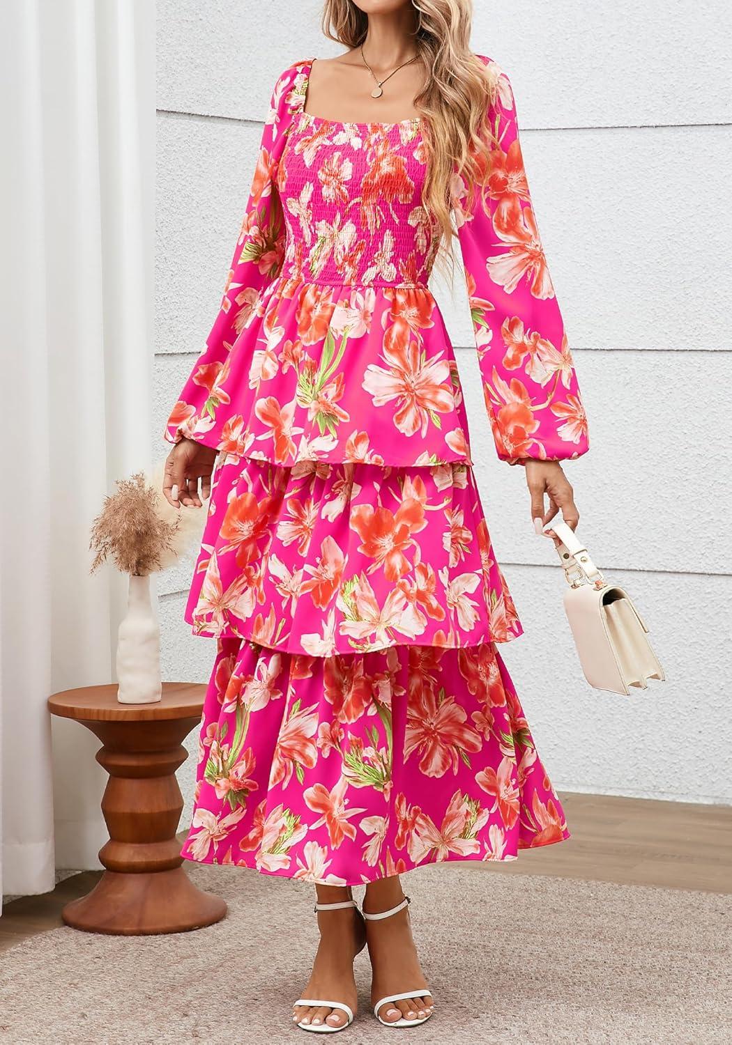 imageBTFBM Fall Dresses for Women 2025 Floral Long Sleeve Smocked Square Neck Casual Ruffle Tiered Flowy Wedding Guest DressFloral Rose Red Red