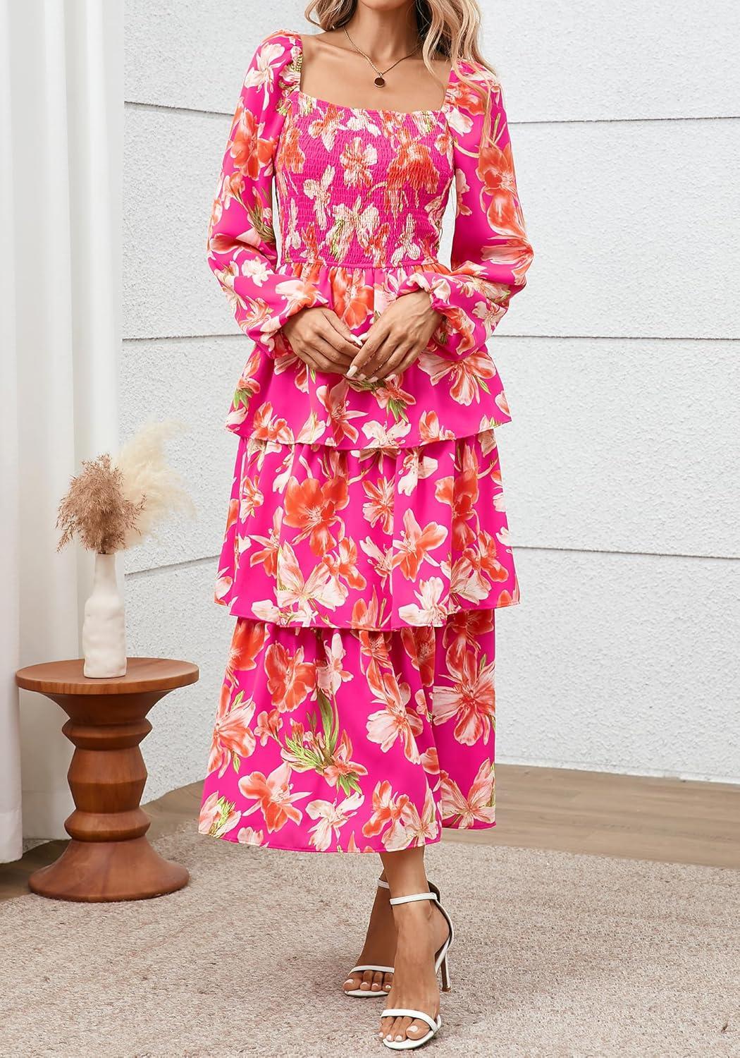 imageBTFBM Fall Dresses for Women 2025 Floral Long Sleeve Smocked Square Neck Casual Ruffle Tiered Flowy Wedding Guest DressFloral Rose Red Red