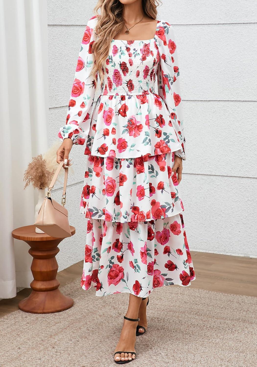 imageBTFBM Fall Dresses for Women 2025 Floral Long Sleeve Smocked Square Neck Casual Ruffle Tiered Flowy Wedding Guest DressFloral White Red