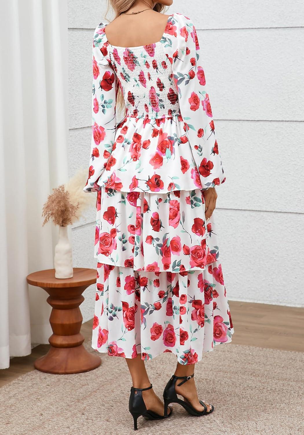 imageBTFBM Fall Dresses for Women 2025 Floral Long Sleeve Smocked Square Neck Casual Ruffle Tiered Flowy Wedding Guest DressFloral White Red