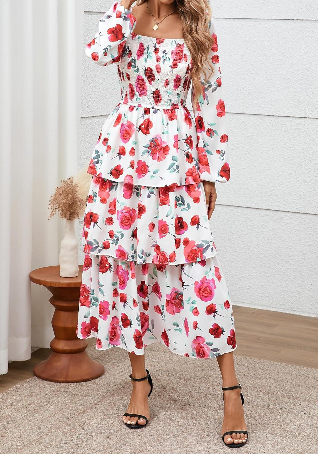 imageBTFBM Fall Dresses for Women 2025 Floral Long Sleeve Smocked Square Neck Casual Ruffle Tiered Flowy Wedding Guest DressFloral White Red