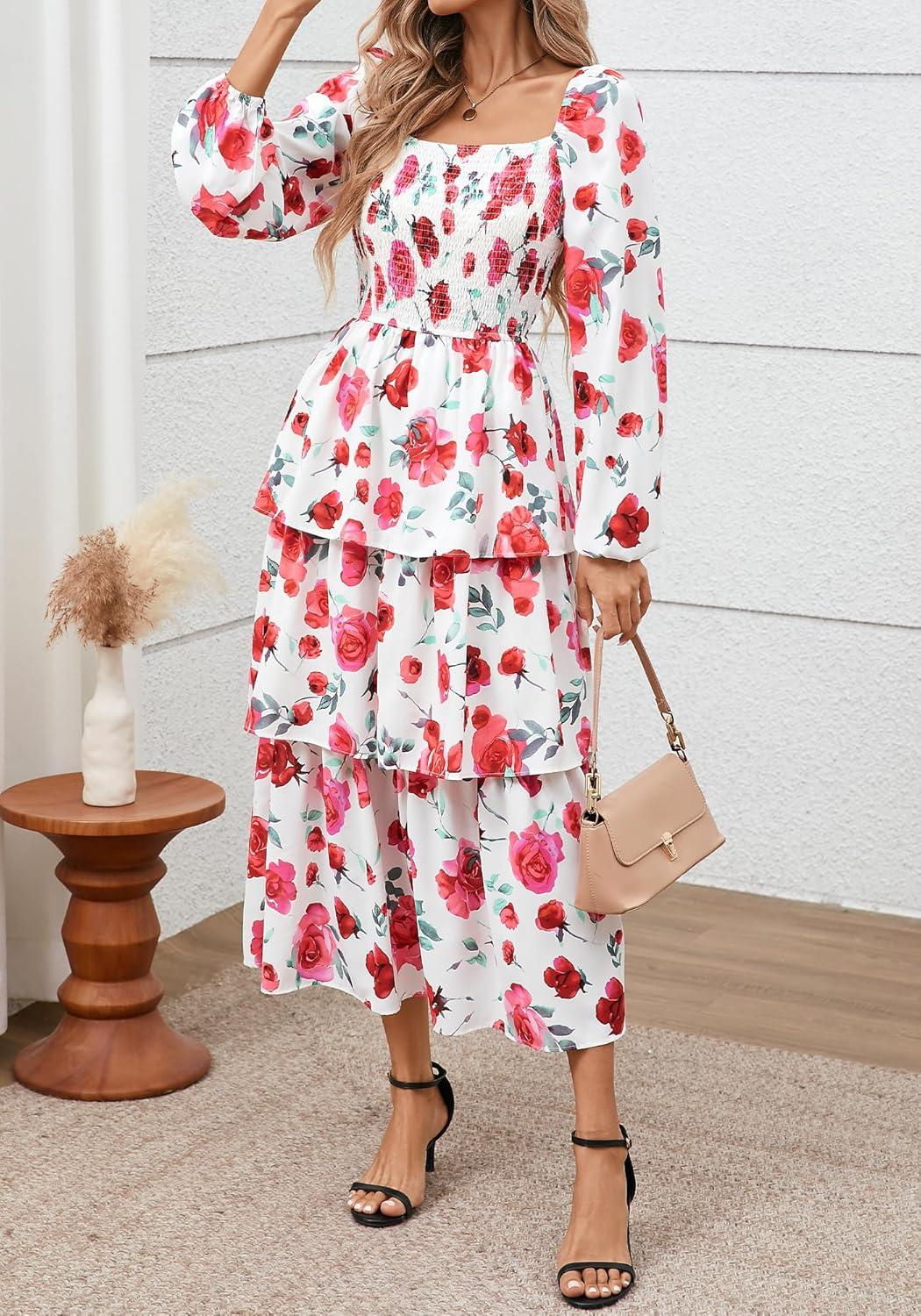 imageBTFBM Fall Dresses for Women 2025 Floral Long Sleeve Smocked Square Neck Casual Ruffle Tiered Flowy Wedding Guest DressFloral White Red