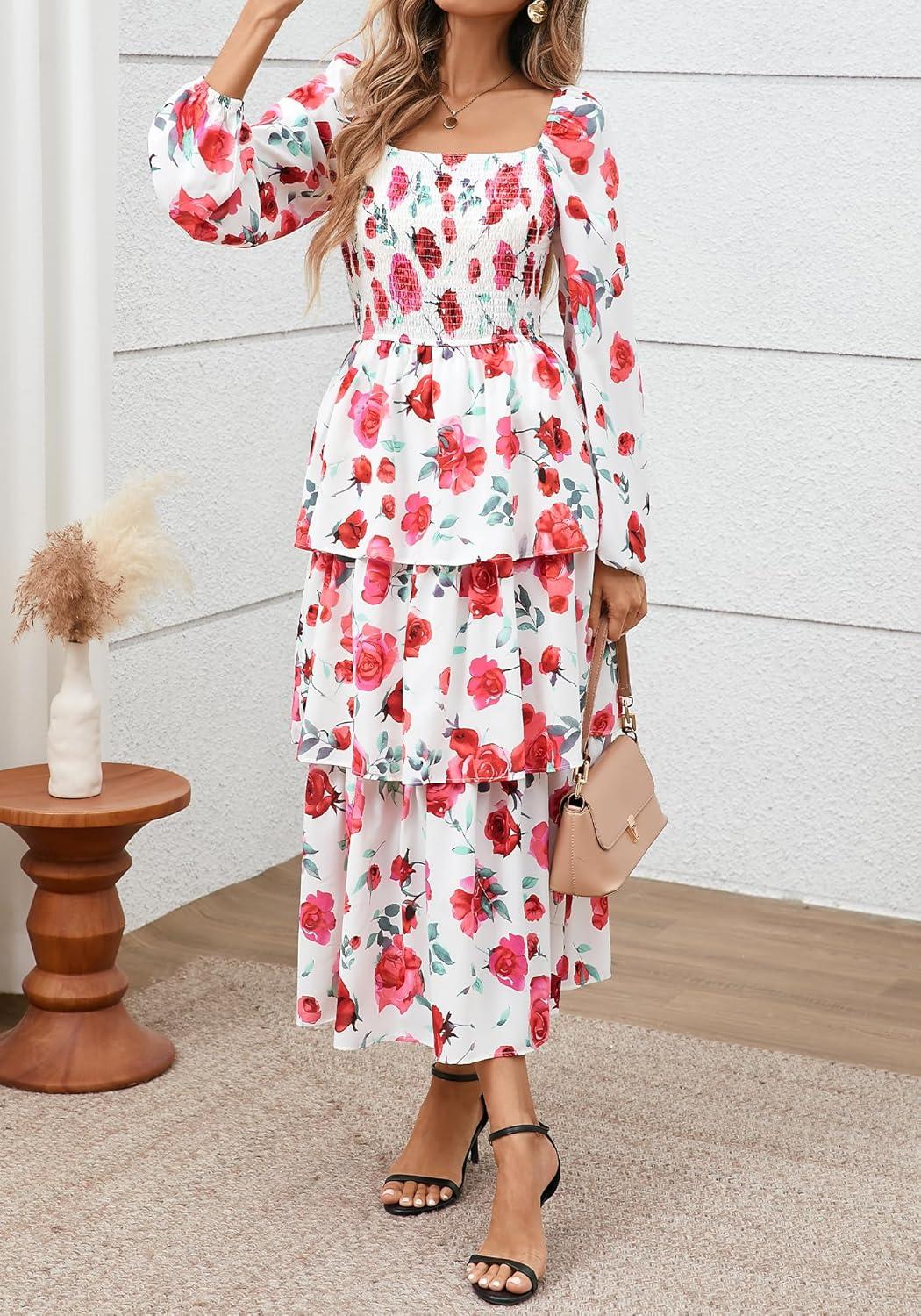 imageBTFBM Fall Dresses for Women 2025 Floral Long Sleeve Smocked Square Neck Casual Ruffle Tiered Flowy Wedding Guest DressFloral White Red