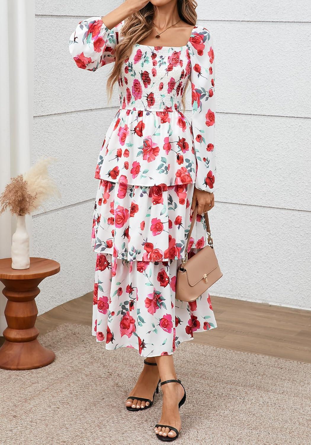 imageBTFBM Fall Dresses for Women 2025 Floral Long Sleeve Smocked Square Neck Casual Ruffle Tiered Flowy Wedding Guest DressFloral White Red