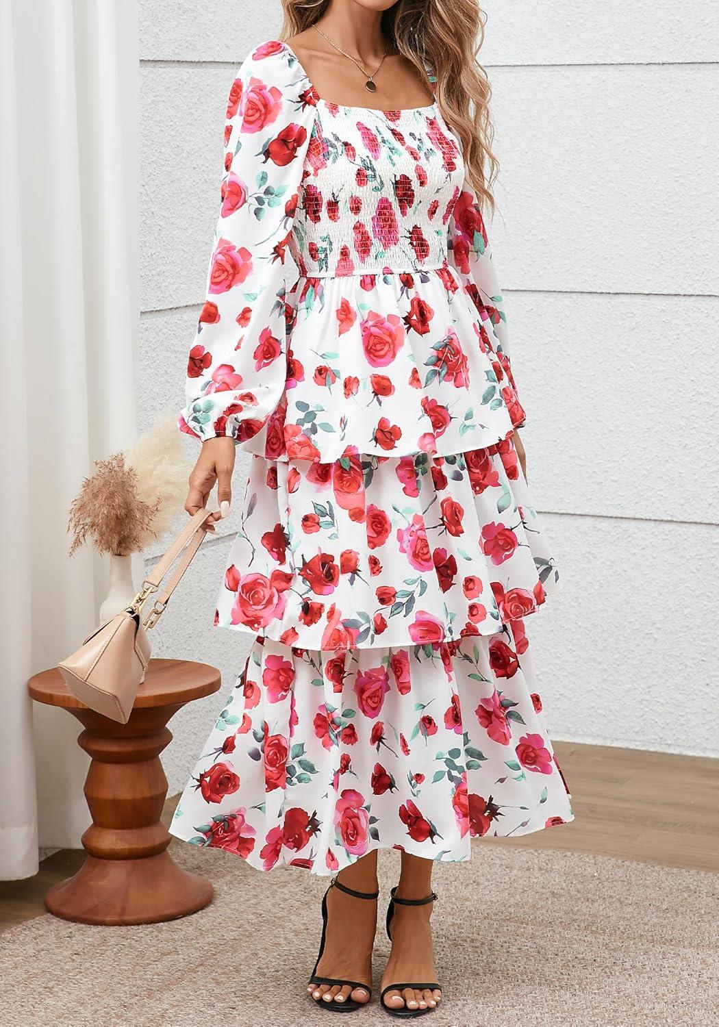 imageBTFBM Fall Dresses for Women 2025 Floral Long Sleeve Smocked Square Neck Casual Ruffle Tiered Flowy Wedding Guest DressFloral White Red