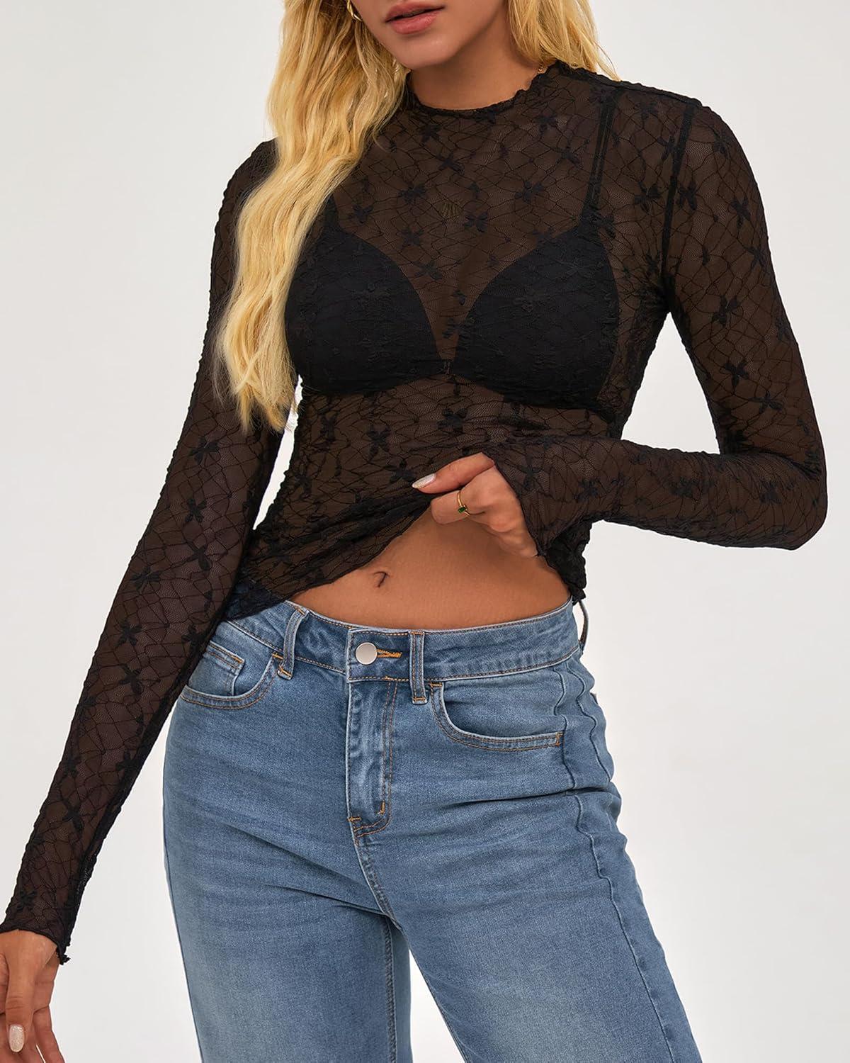 imageBTFBM Lace Tops for Women 2025 See Through Mesh Top Crew Neck Long Sleeve Fitted Sheer Party Club Outfits Fall FashionBlack