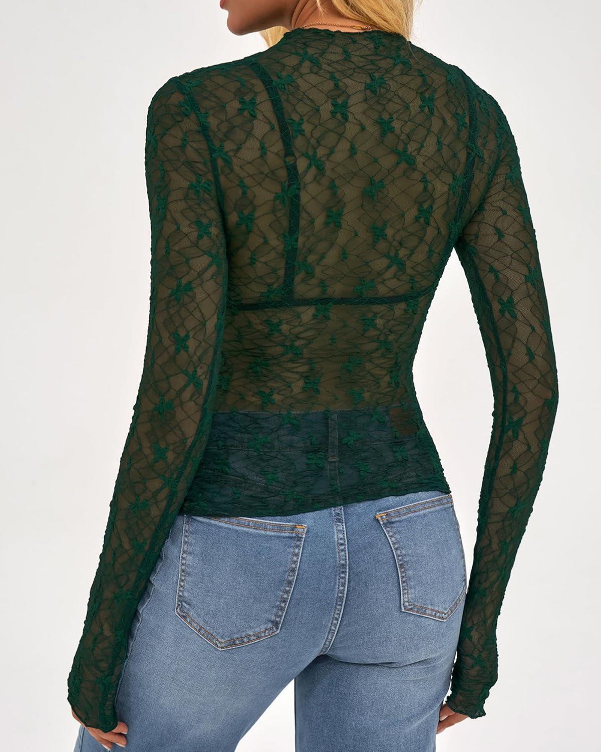 imageBTFBM Lace Tops for Women 2025 See Through Mesh Top Crew Neck Long Sleeve Fitted Sheer Party Club Outfits Fall FashionDark Green