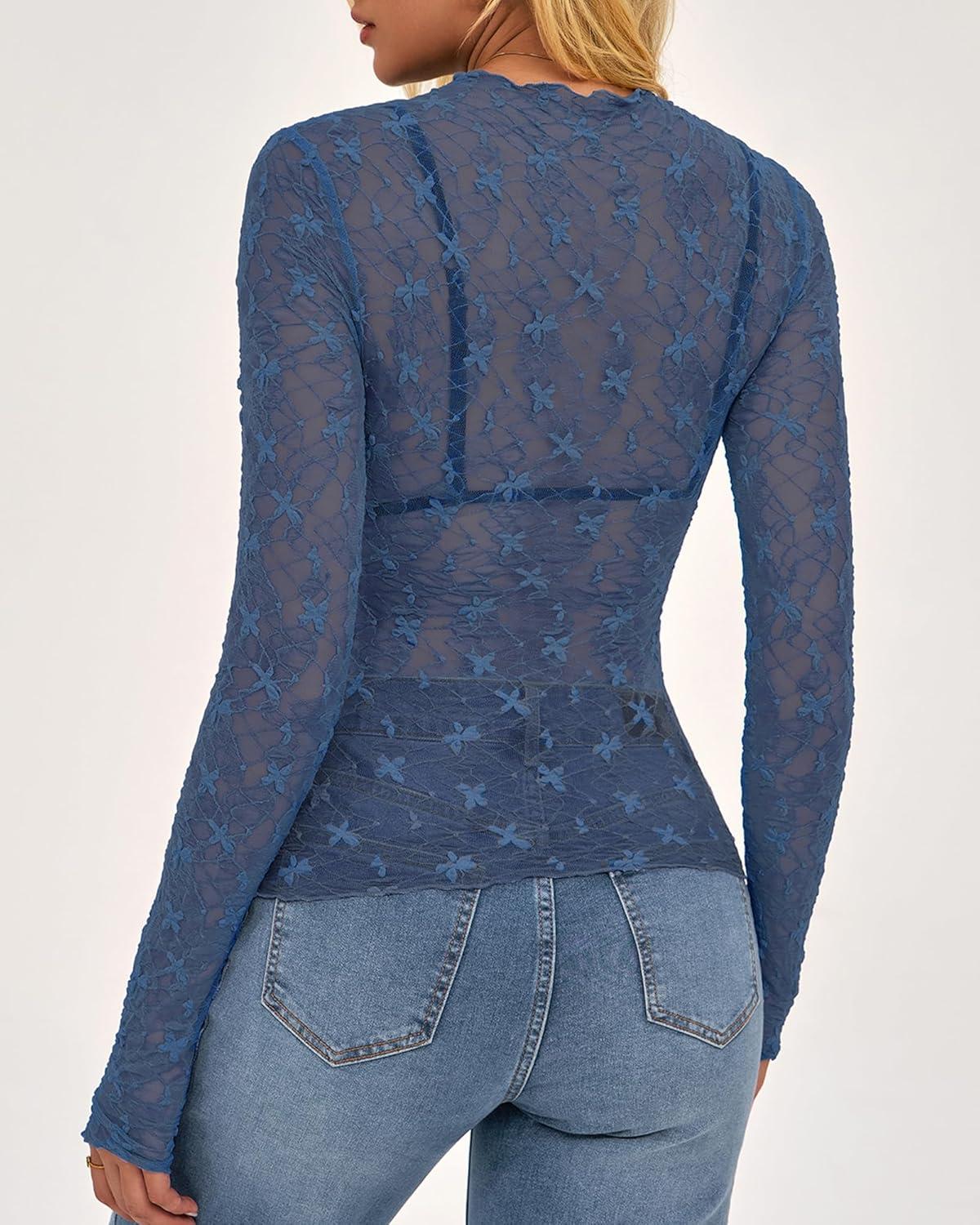 imageBTFBM Lace Tops for Women 2025 See Through Mesh Top Crew Neck Long Sleeve Fitted Sheer Party Club Outfits Fall FashionGrey Blue
