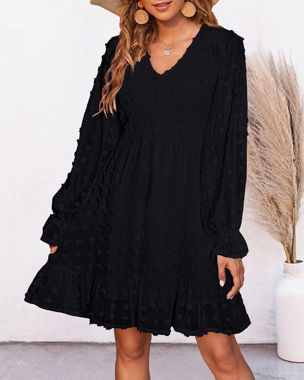 imageBTFBM Long Sleeve Fall Dresses for Women 2025 Casual V Neck Swiss Dot Smocked Ruffle Chiffon Summer Flowy Mini DressBlack
