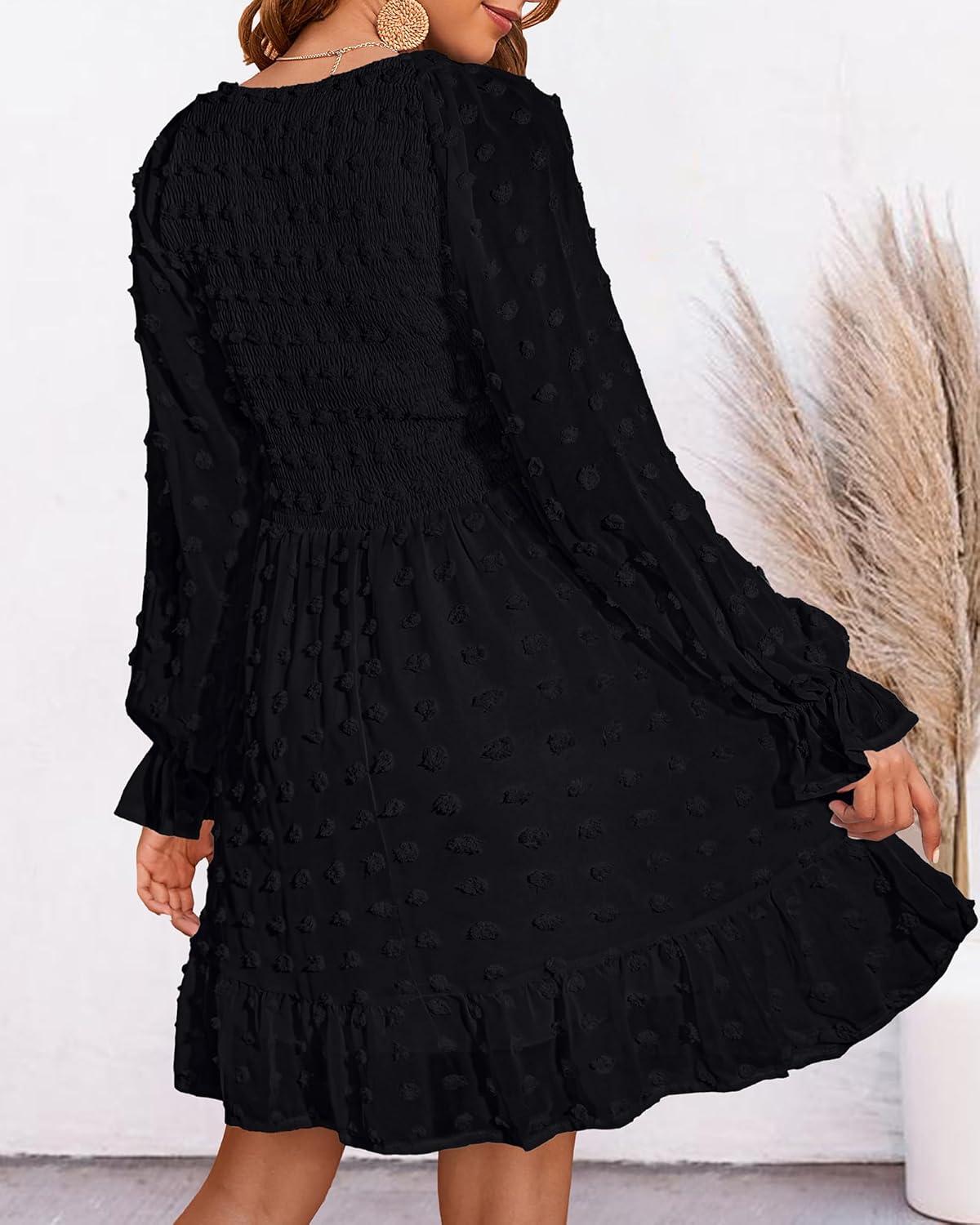 imageBTFBM Long Sleeve Fall Dresses for Women 2025 Casual V Neck Swiss Dot Smocked Ruffle Chiffon Summer Flowy Mini DressBlack