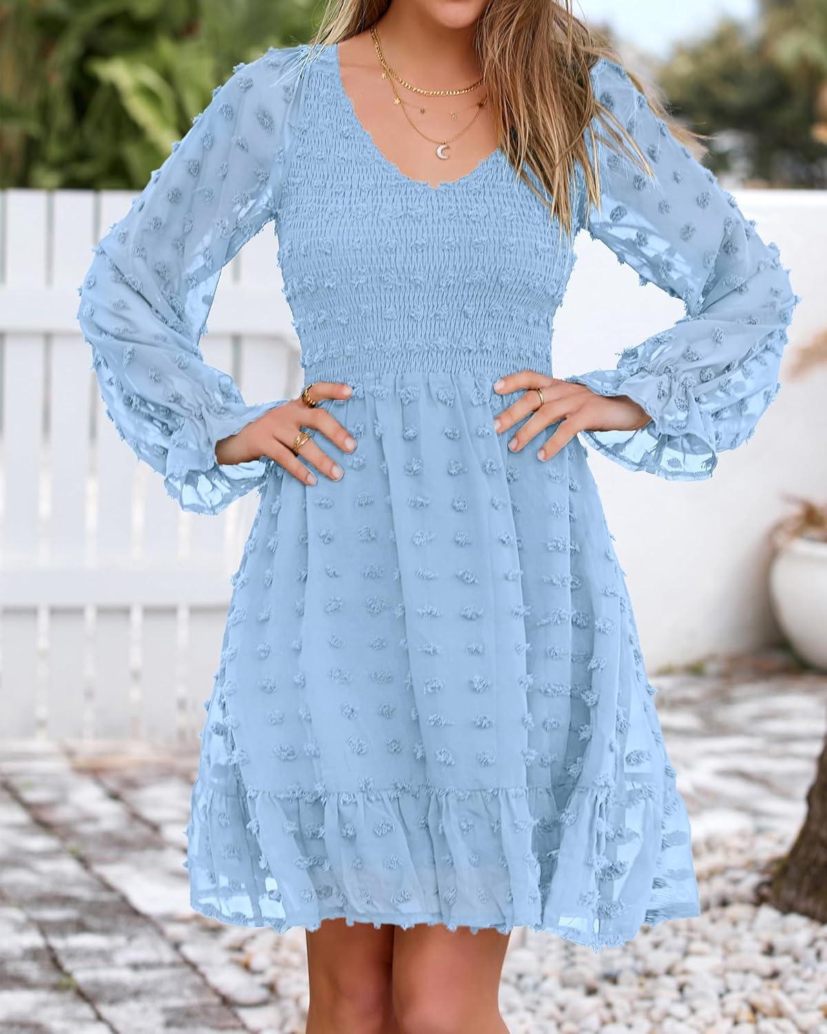 imageBTFBM Long Sleeve Fall Dresses for Women 2025 Casual V Neck Swiss Dot Smocked Ruffle Chiffon Summer Flowy Mini DressBlue