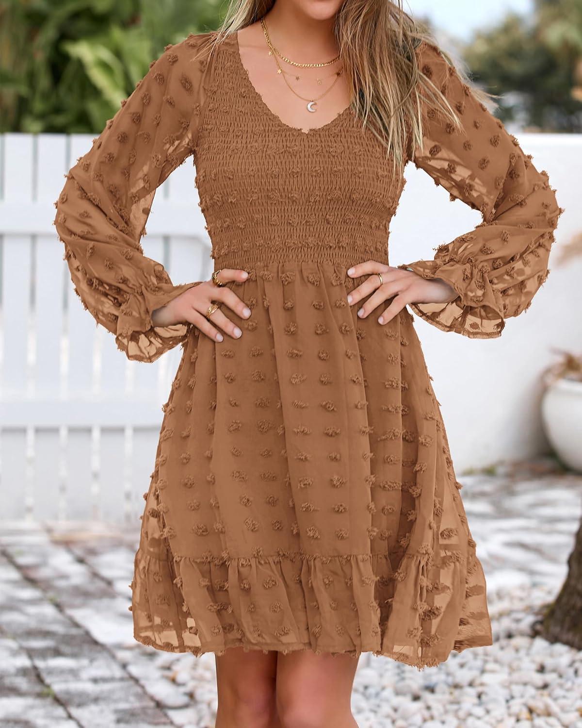 imageBTFBM Long Sleeve Fall Dresses for Women 2025 Casual V Neck Swiss Dot Smocked Ruffle Chiffon Summer Flowy Mini DressKhaki