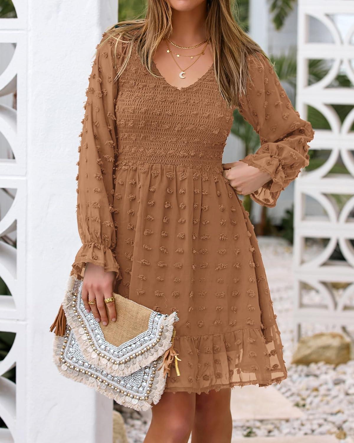 imageBTFBM Long Sleeve Fall Dresses for Women 2025 Casual V Neck Swiss Dot Smocked Ruffle Chiffon Summer Flowy Mini DressKhaki
