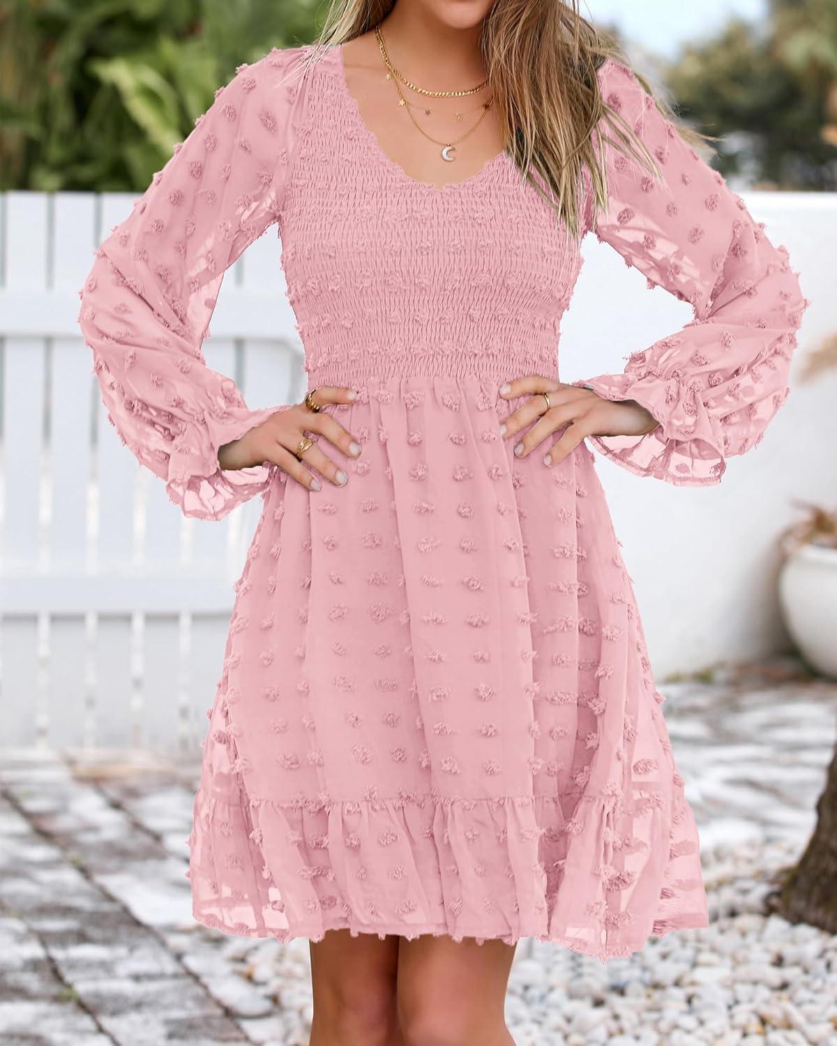 imageBTFBM Long Sleeve Fall Dresses for Women 2025 Casual V Neck Swiss Dot Smocked Ruffle Chiffon Summer Flowy Mini DressPink