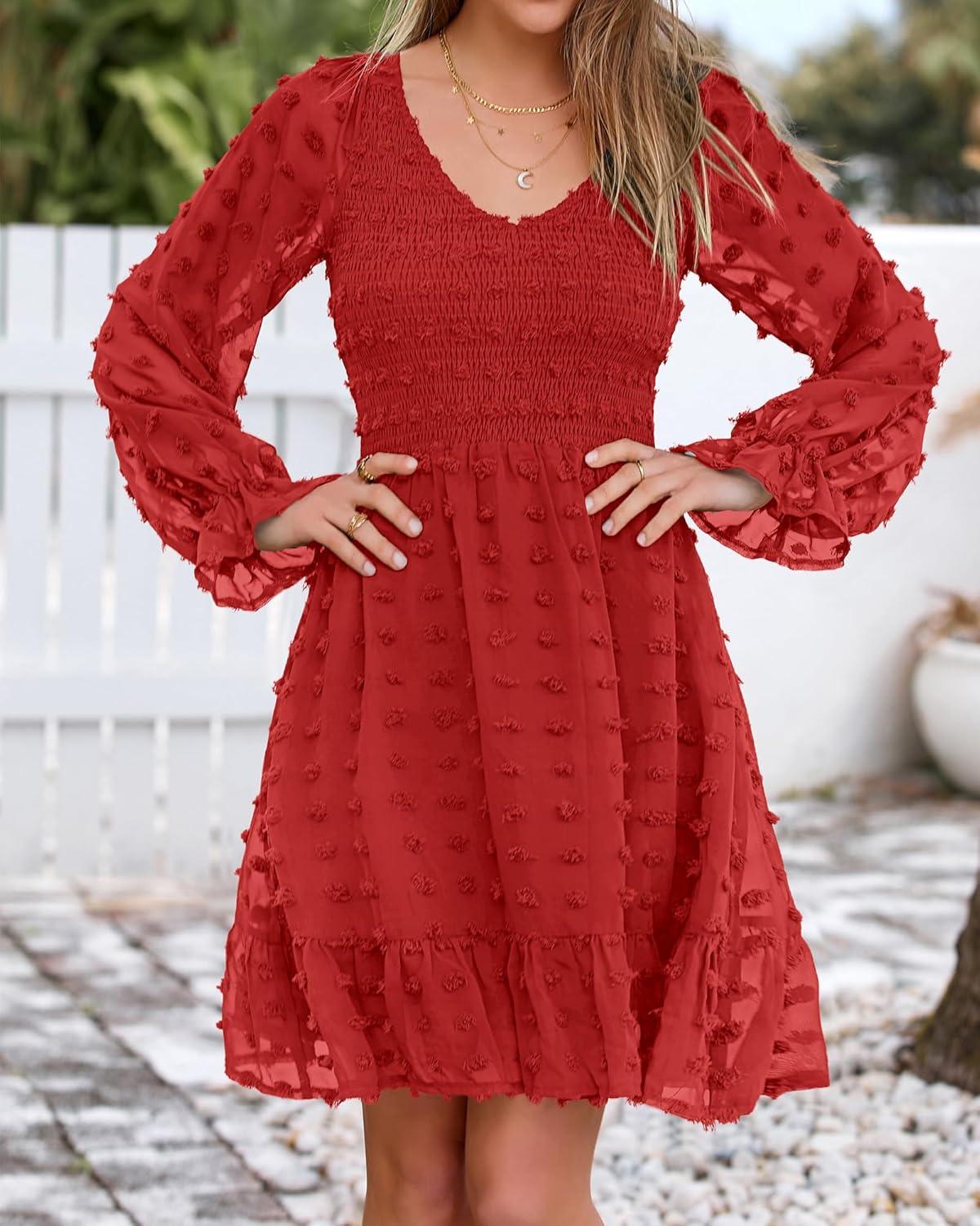 imageBTFBM Long Sleeve Fall Dresses for Women 2025 Casual V Neck Swiss Dot Smocked Ruffle Chiffon Summer Flowy Mini DressRed