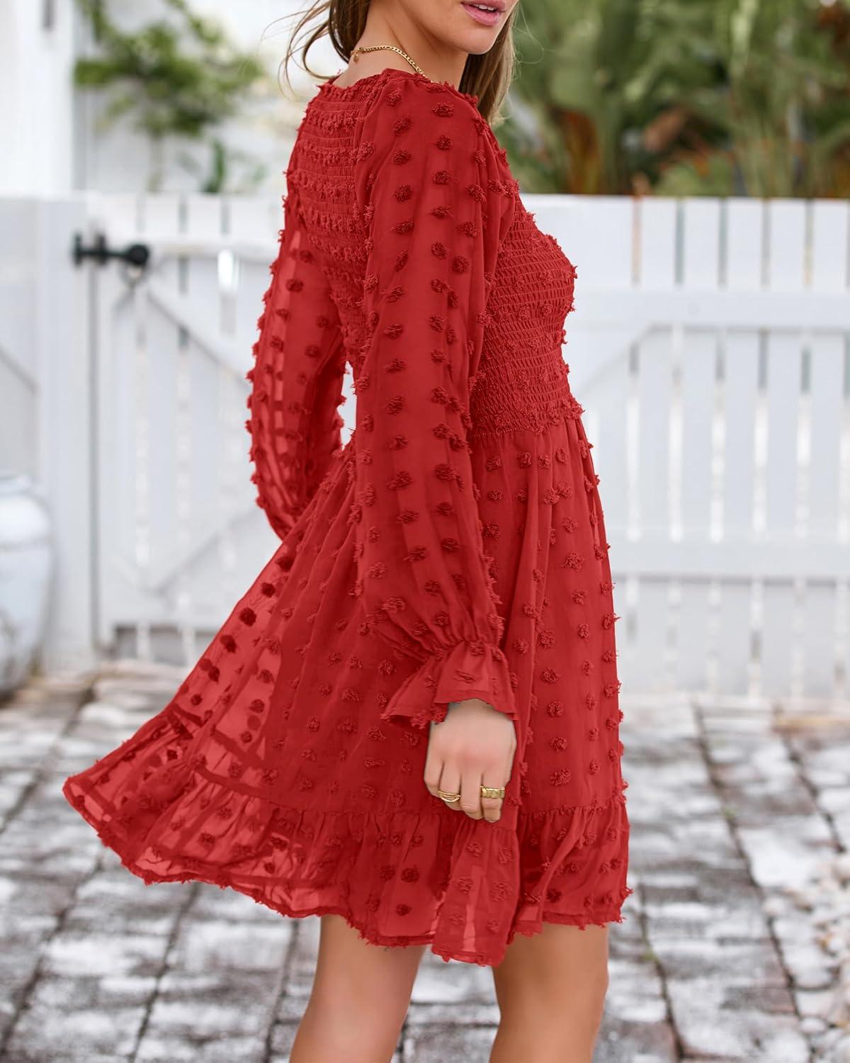 imageBTFBM Long Sleeve Fall Dresses for Women 2025 Casual V Neck Swiss Dot Smocked Ruffle Chiffon Summer Flowy Mini DressRed