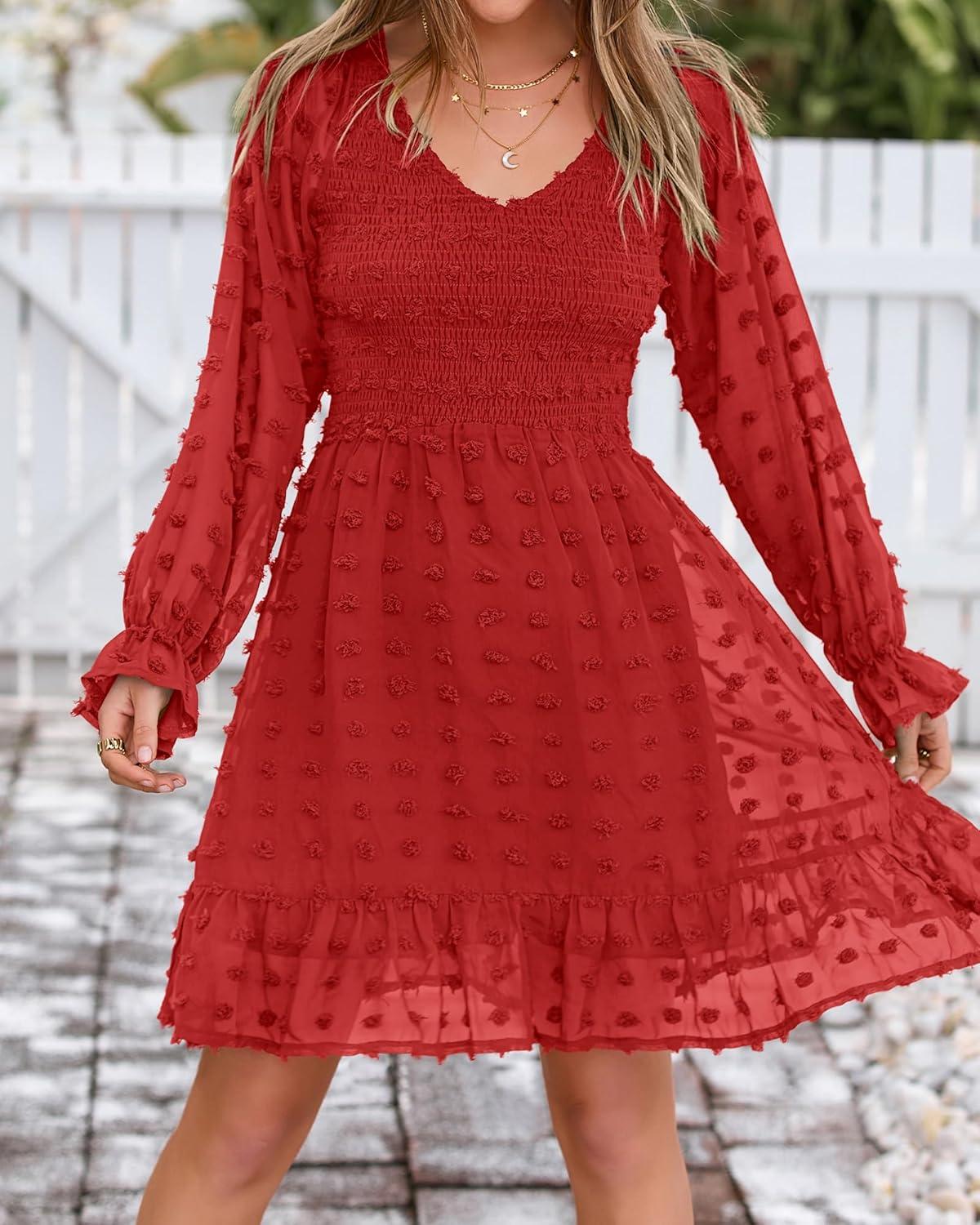 imageBTFBM Long Sleeve Fall Dresses for Women 2025 Casual V Neck Swiss Dot Smocked Ruffle Chiffon Summer Flowy Mini DressRed