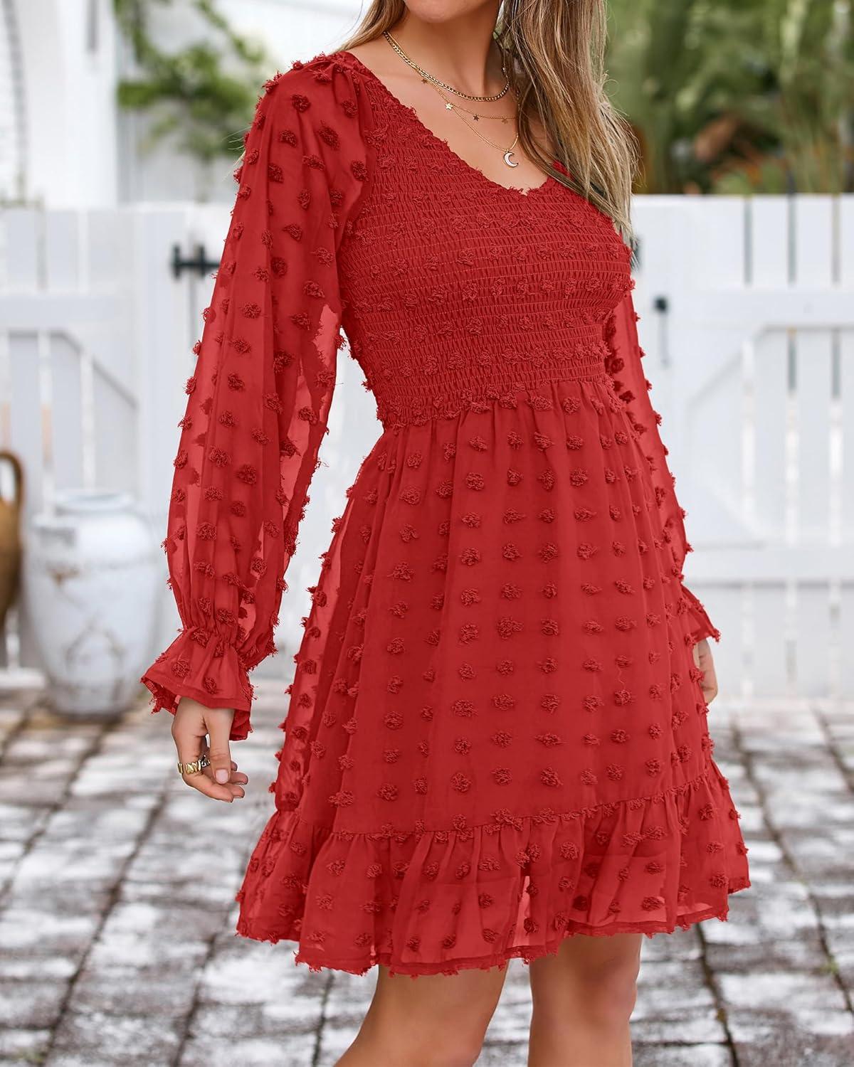 imageBTFBM Long Sleeve Fall Dresses for Women 2025 Casual V Neck Swiss Dot Smocked Ruffle Chiffon Summer Flowy Mini DressRed