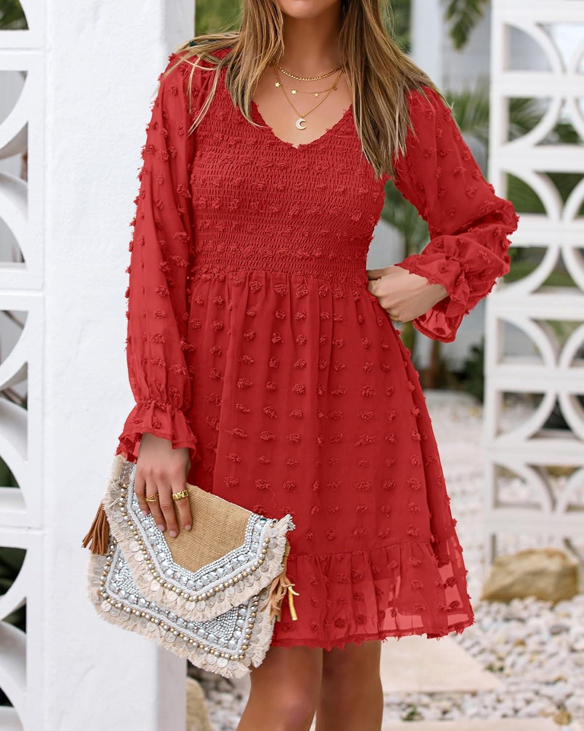 imageBTFBM Long Sleeve Fall Dresses for Women 2025 Casual V Neck Swiss Dot Smocked Ruffle Chiffon Summer Flowy Mini DressRed