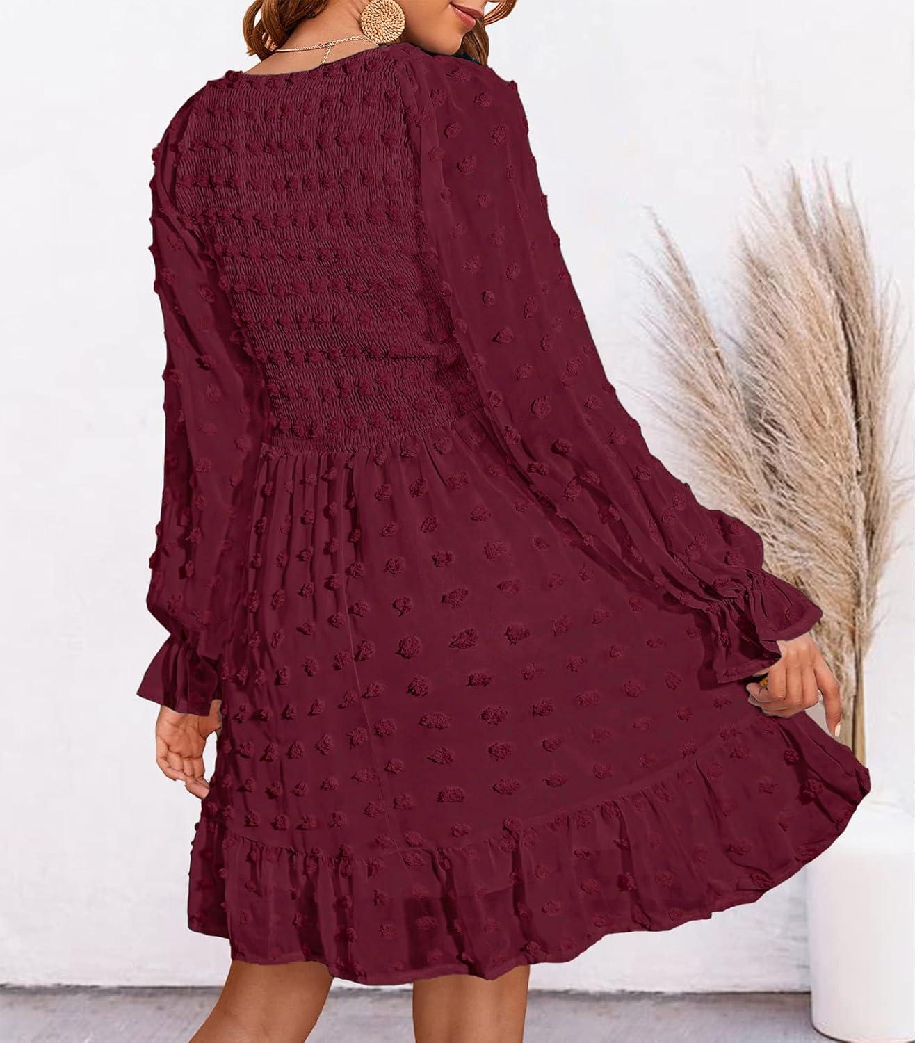imageBTFBM Long Sleeve Fall Dresses for Women 2025 Casual V Neck Swiss Dot Smocked Ruffle Chiffon Summer Flowy Mini DressWine Red