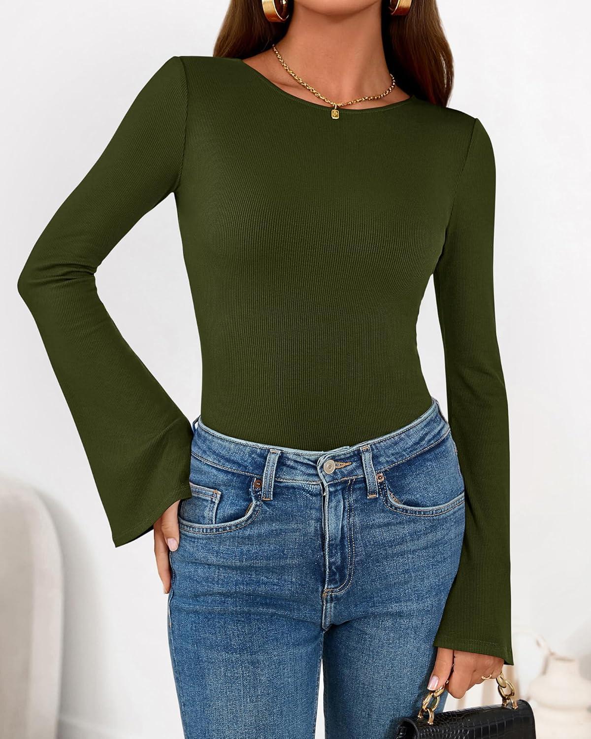imageBTFBM Long Sleeve Shirts for Women 2025 Fall Y2K Clothes Casual Solid Color Boat Neck Bell Sleeve Fitted Going Out TopsArmy Green