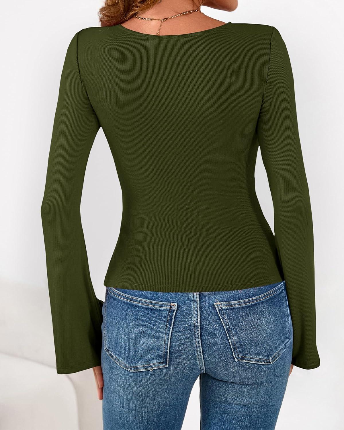 imageBTFBM Long Sleeve Shirts for Women 2025 Fall Y2K Clothes Casual Solid Color Boat Neck Bell Sleeve Fitted Going Out TopsArmy Green