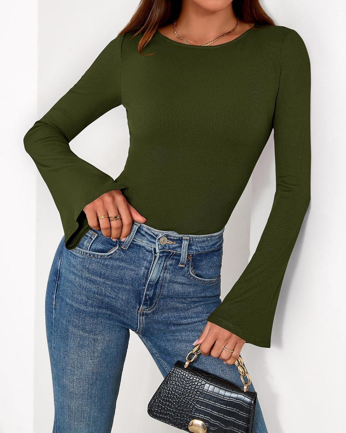 imageBTFBM Long Sleeve Shirts for Women 2025 Fall Y2K Clothes Casual Solid Color Boat Neck Bell Sleeve Fitted Going Out TopsArmy Green