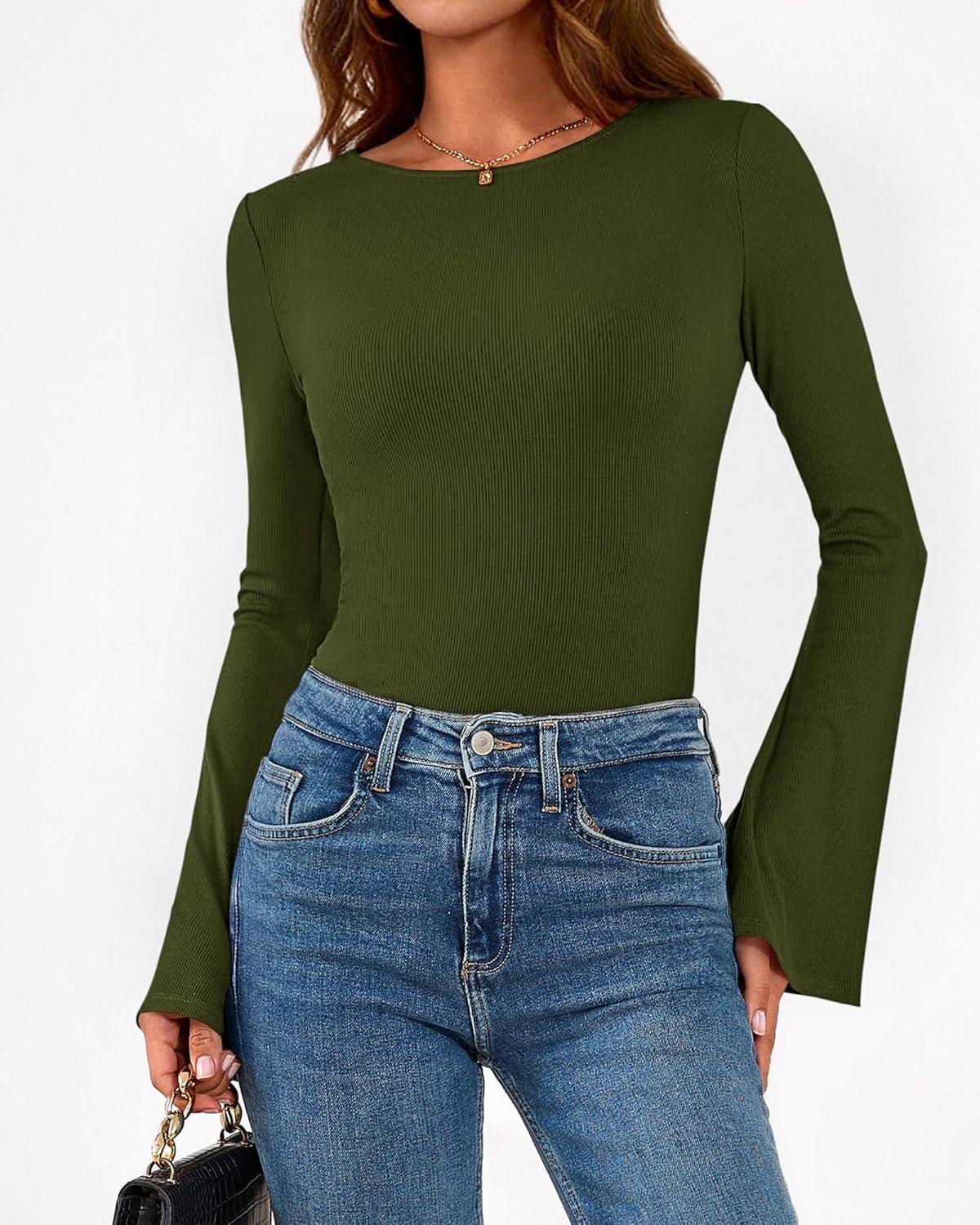 imageBTFBM Long Sleeve Shirts for Women 2025 Fall Y2K Clothes Casual Solid Color Boat Neck Bell Sleeve Fitted Going Out TopsArmy Green
