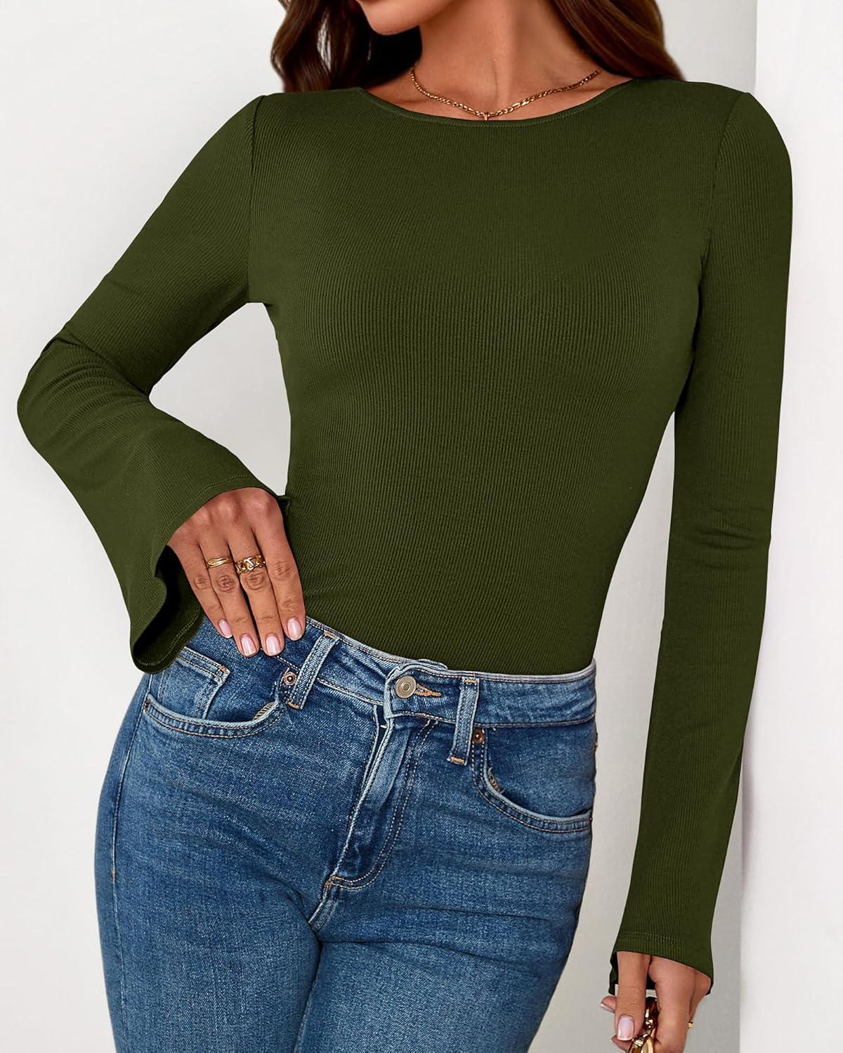 imageBTFBM Long Sleeve Shirts for Women 2025 Fall Y2K Clothes Casual Solid Color Boat Neck Bell Sleeve Fitted Going Out TopsArmy Green