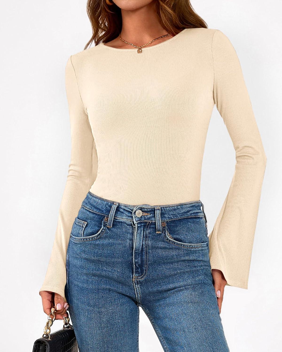imageBTFBM Long Sleeve Shirts for Women 2025 Fall Y2K Clothes Casual Solid Color Boat Neck Bell Sleeve Fitted Going Out TopsBeige