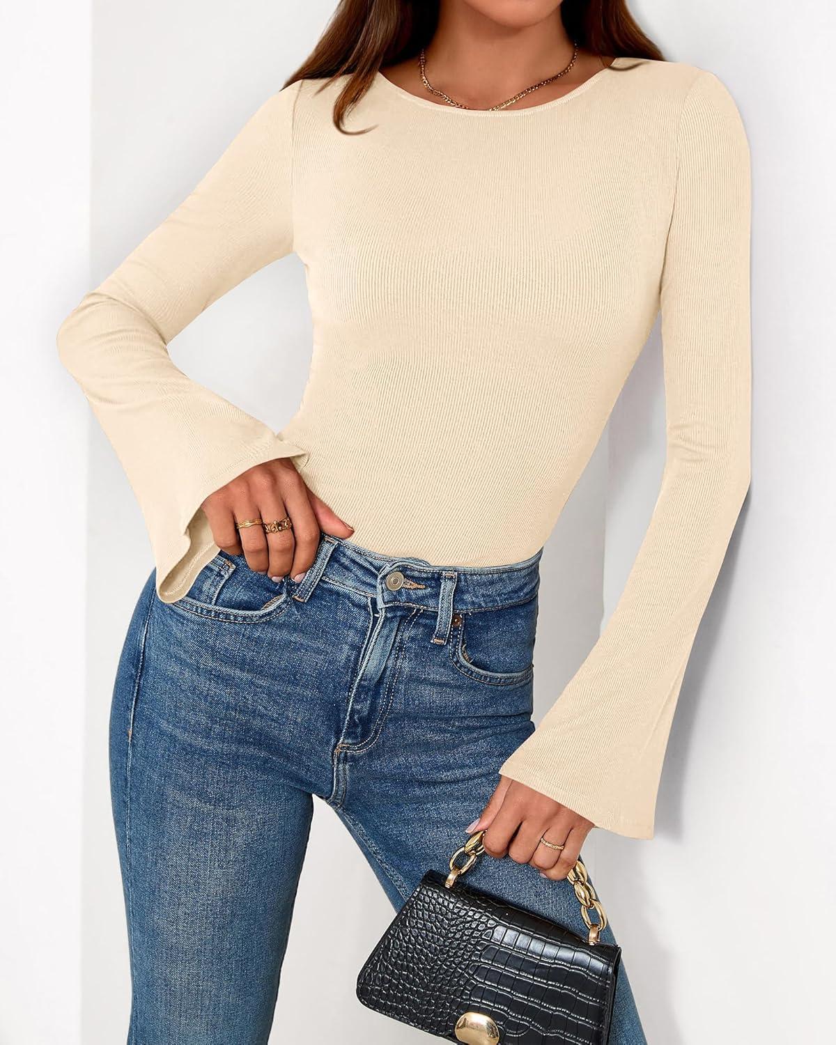 imageBTFBM Long Sleeve Shirts for Women 2025 Fall Y2K Clothes Casual Solid Color Boat Neck Bell Sleeve Fitted Going Out TopsBeige