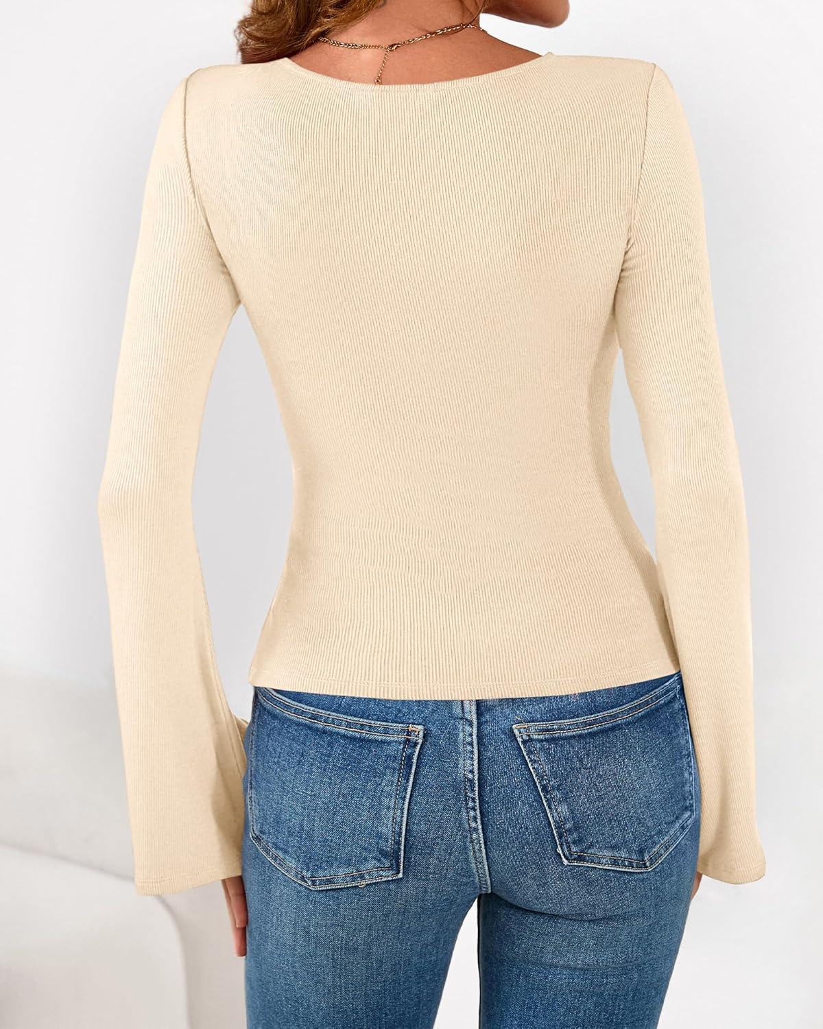 imageBTFBM Long Sleeve Shirts for Women 2025 Fall Y2K Clothes Casual Solid Color Boat Neck Bell Sleeve Fitted Going Out TopsBeige