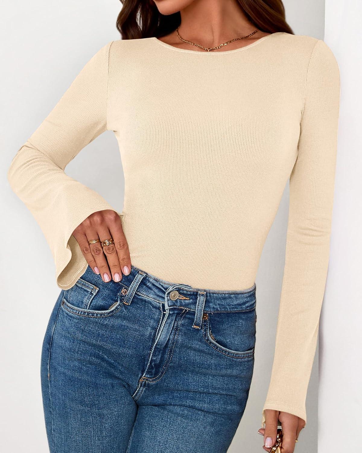 imageBTFBM Long Sleeve Shirts for Women 2025 Fall Y2K Clothes Casual Solid Color Boat Neck Bell Sleeve Fitted Going Out TopsBeige