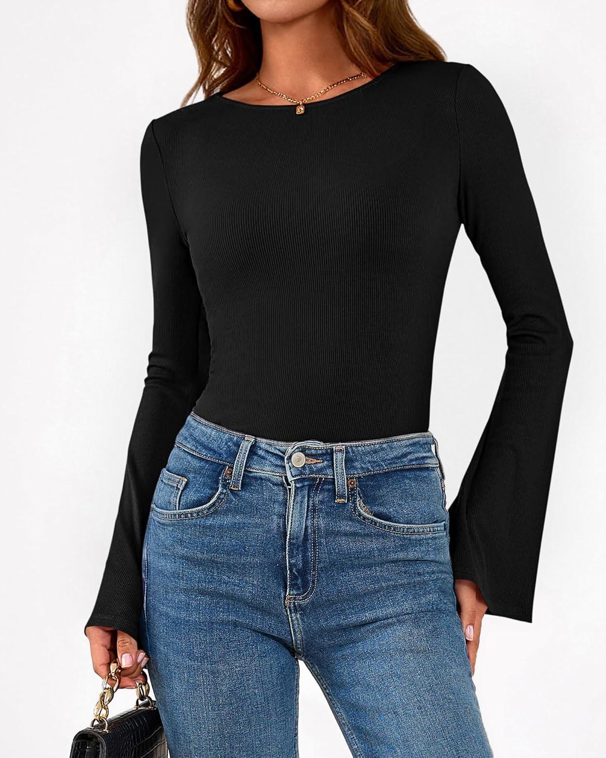 imageBTFBM Long Sleeve Shirts for Women 2025 Fall Y2K Clothes Casual Solid Color Boat Neck Bell Sleeve Fitted Going Out TopsBlack