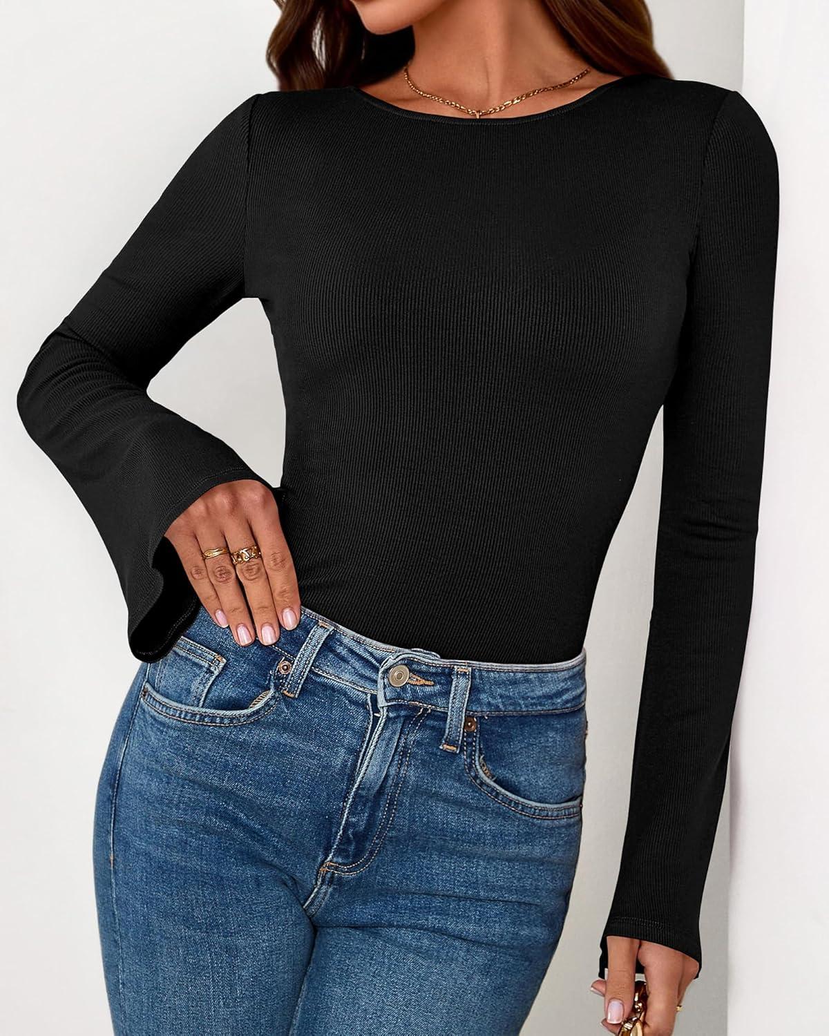 imageBTFBM Long Sleeve Shirts for Women 2025 Fall Y2K Clothes Casual Solid Color Boat Neck Bell Sleeve Fitted Going Out TopsBlack